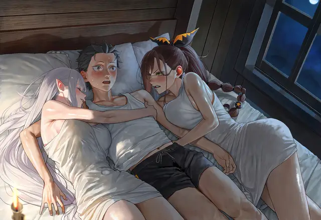 Emilia, Shaula, Subaru Natsuki — Re Zero Kara Hajimeru Isekai Seikatsu, planche 6. ahegao, big ass, big breasts, blowjob, bodysuit