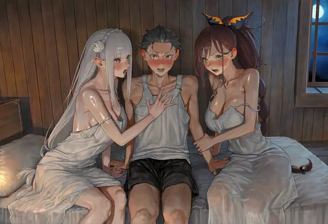 Emilia, Shaula, Subaru Natsuki — Re Zero Kara Hajimeru Isekai Seikatsu, planche 9. ahegao, big ass, big breasts, blowjob, bodysuit