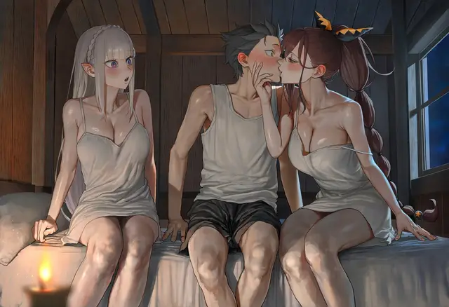 Emilia, Shaula, Subaru Natsuki — Re Zero Kara Hajimeru Isekai Seikatsu, planche 13. ahegao, big ass, big breasts, blowjob, bodysuit