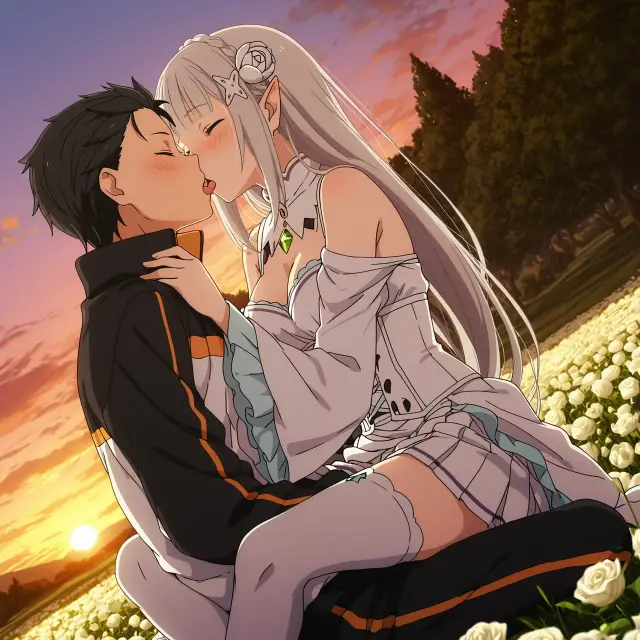 Emilia, Subaru Natsuki — Re Zero Kara Hajimeru Isekai Seikatsu, planche 5. ahegao, big ass, big breasts, blowjob, deepthroat, elf