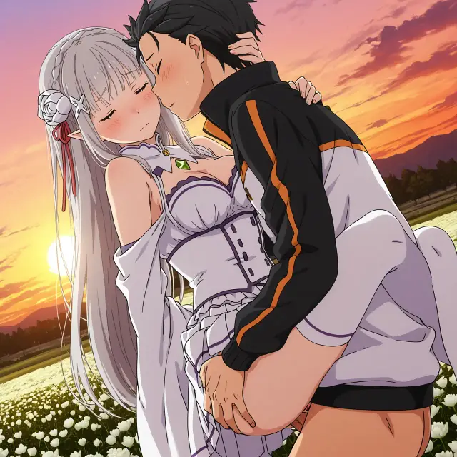Emilia, Subaru Natsuki — Re Zero Kara Hajimeru Isekai Seikatsu, planche 28. ahegao, big ass, big breasts, blowjob, deepthroat, elf