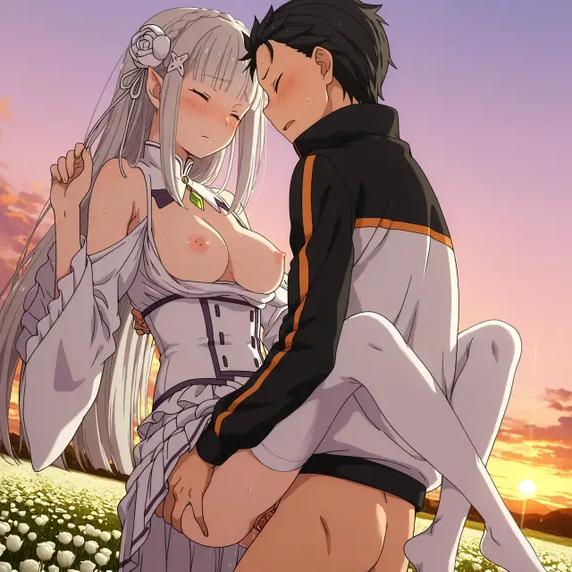 Emilia, Subaru Natsuki — Re Zero Kara Hajimeru Isekai Seikatsu, planche 29. ahegao, big ass, big breasts, blowjob, deepthroat, elf