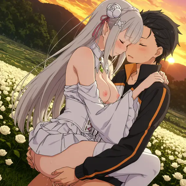 Emilia, Subaru Natsuki — Re Zero Kara Hajimeru Isekai Seikatsu, planche 33. ahegao, big ass, big breasts, blowjob, deepthroat, elf