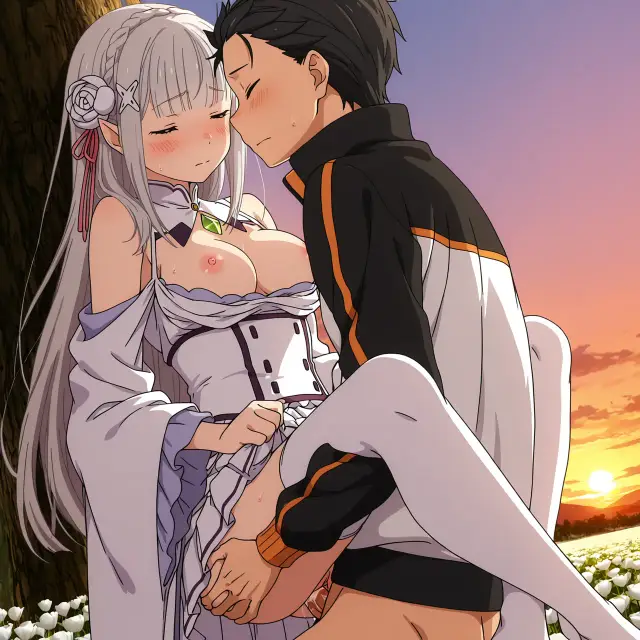 Emilia, Subaru Natsuki — Re Zero Kara Hajimeru Isekai Seikatsu, planche 34. ahegao, big ass, big breasts, blowjob, deepthroat, elf