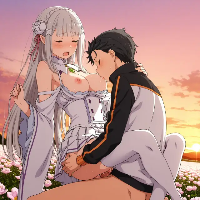 Emilia, Subaru Natsuki — Re Zero Kara Hajimeru Isekai Seikatsu, planche 37. ahegao, big ass, big breasts, blowjob, deepthroat, elf